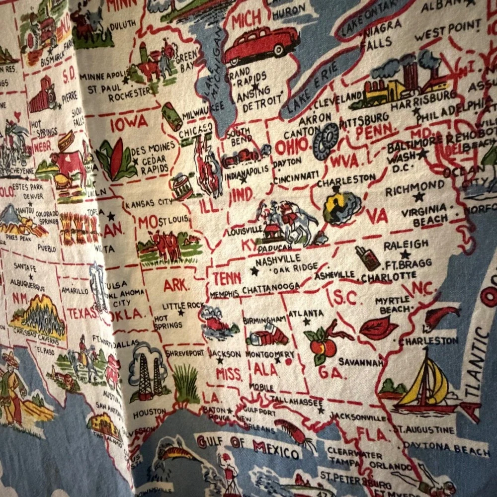 Moda Home US American Wonderland Map Tablecloth 100% Cotton 52x48 Retro Travel